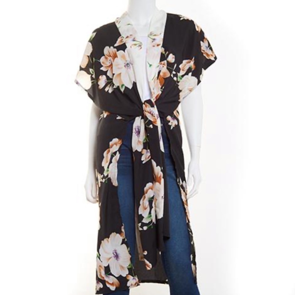 Modena Floral Print Black Boho Kimono Cardigan Layering Piece Medium